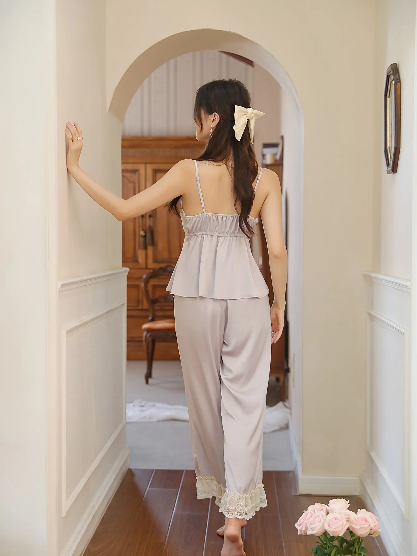 Elegant Solid Lace Trim Lounge Set - Women's Long Sleeve Robe, V Neck Peplum Cami Top & Pants