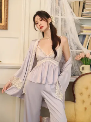 Elegant Solid Lace Trim Lounge Set - Women's Long Sleeve Robe, V Neck Peplum Cami Top & Pants