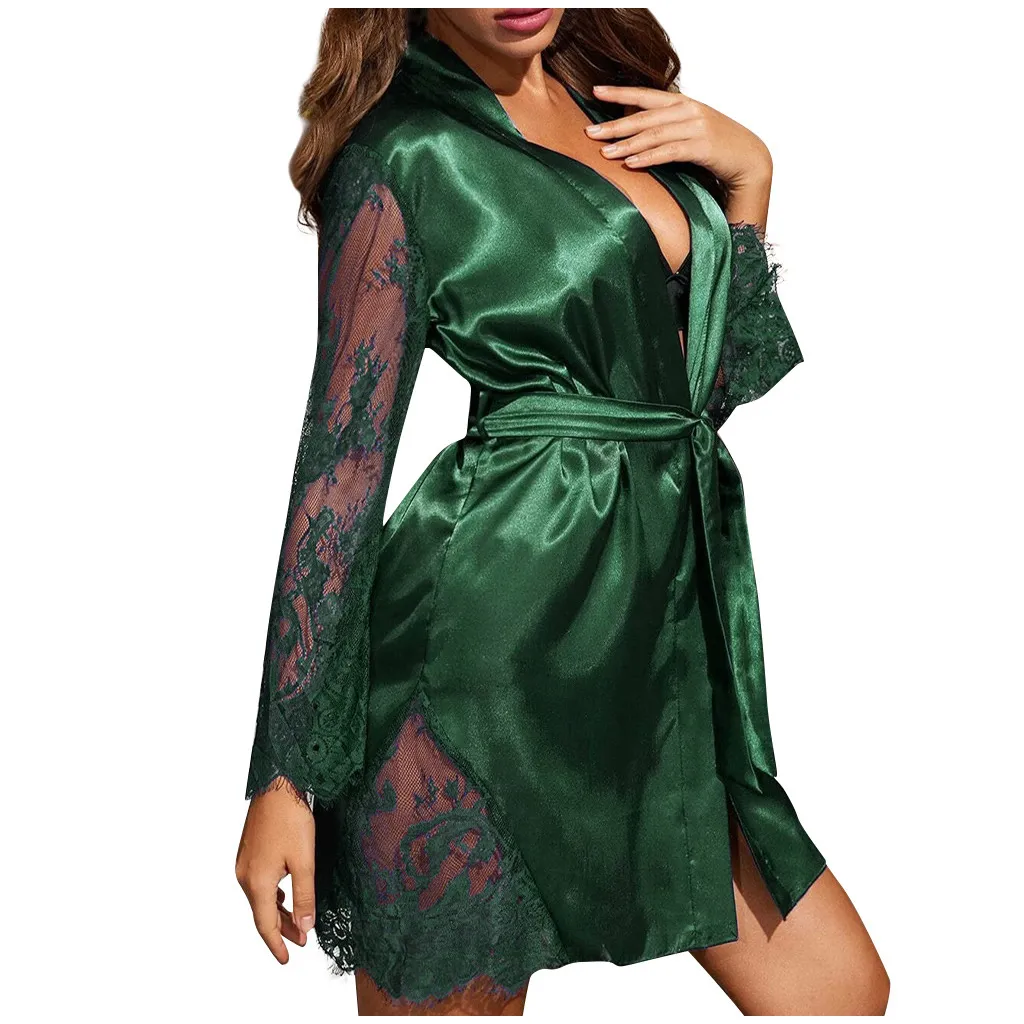Emerald Desire Lace-Trim Satin Short Robe