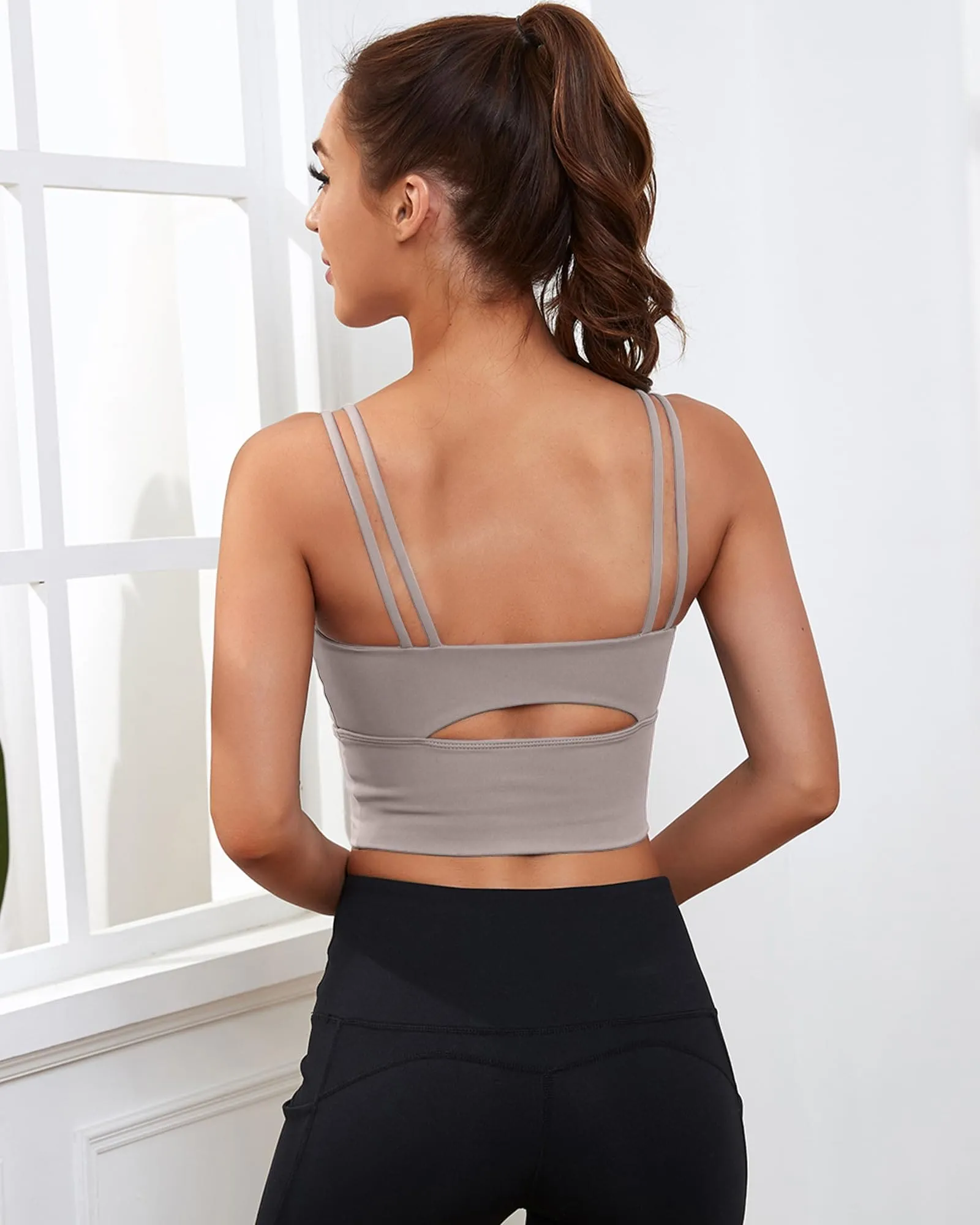 Everrysea Longline Sports Bra for Women Padded Workout Tank Tops Built in Bras Strappy Yoga Corp Top Camisole Light Brown