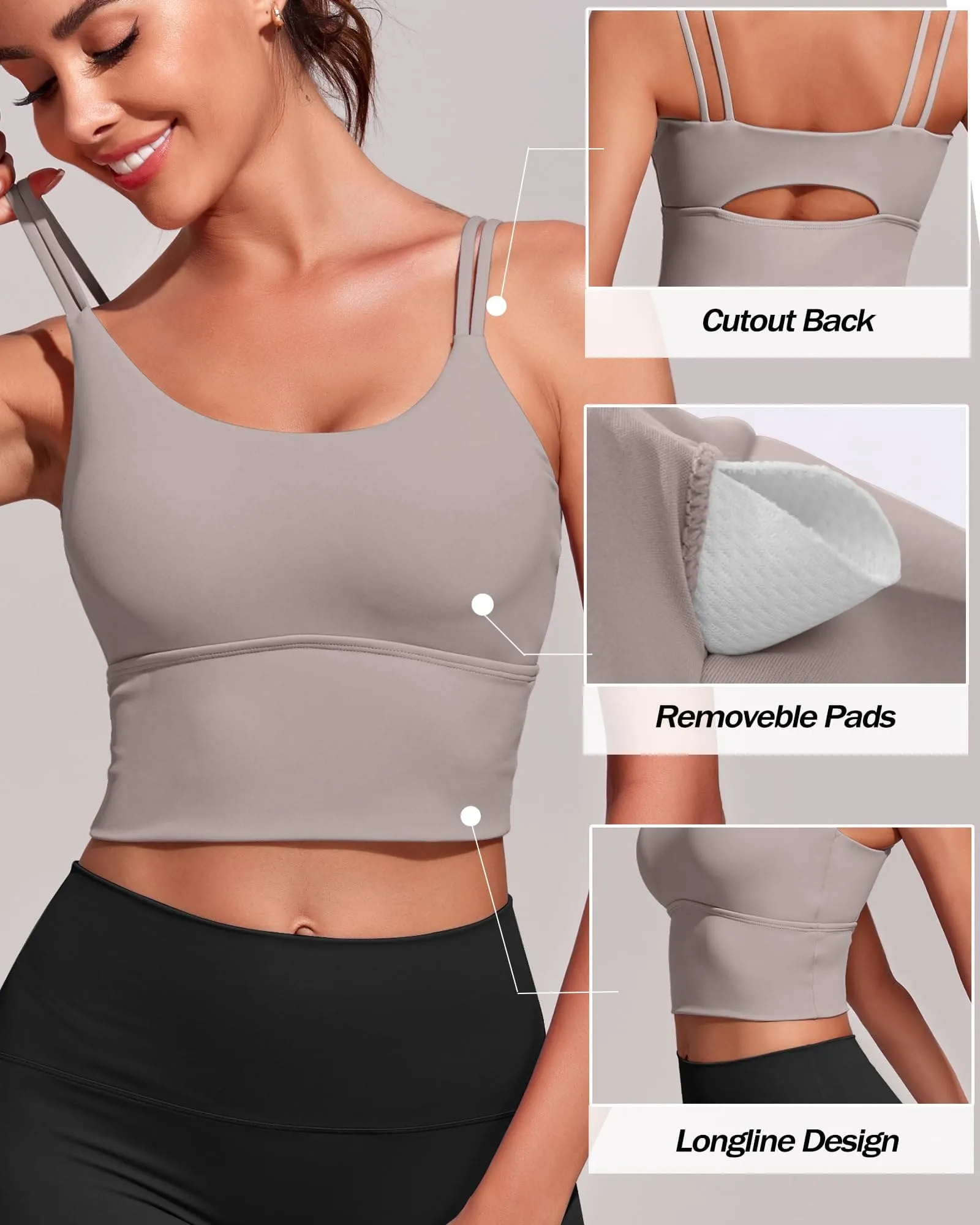 Everrysea Longline Sports Bra for Women Padded Workout Tank Tops Built in Bras Strappy Yoga Corp Top Camisole Light Brown