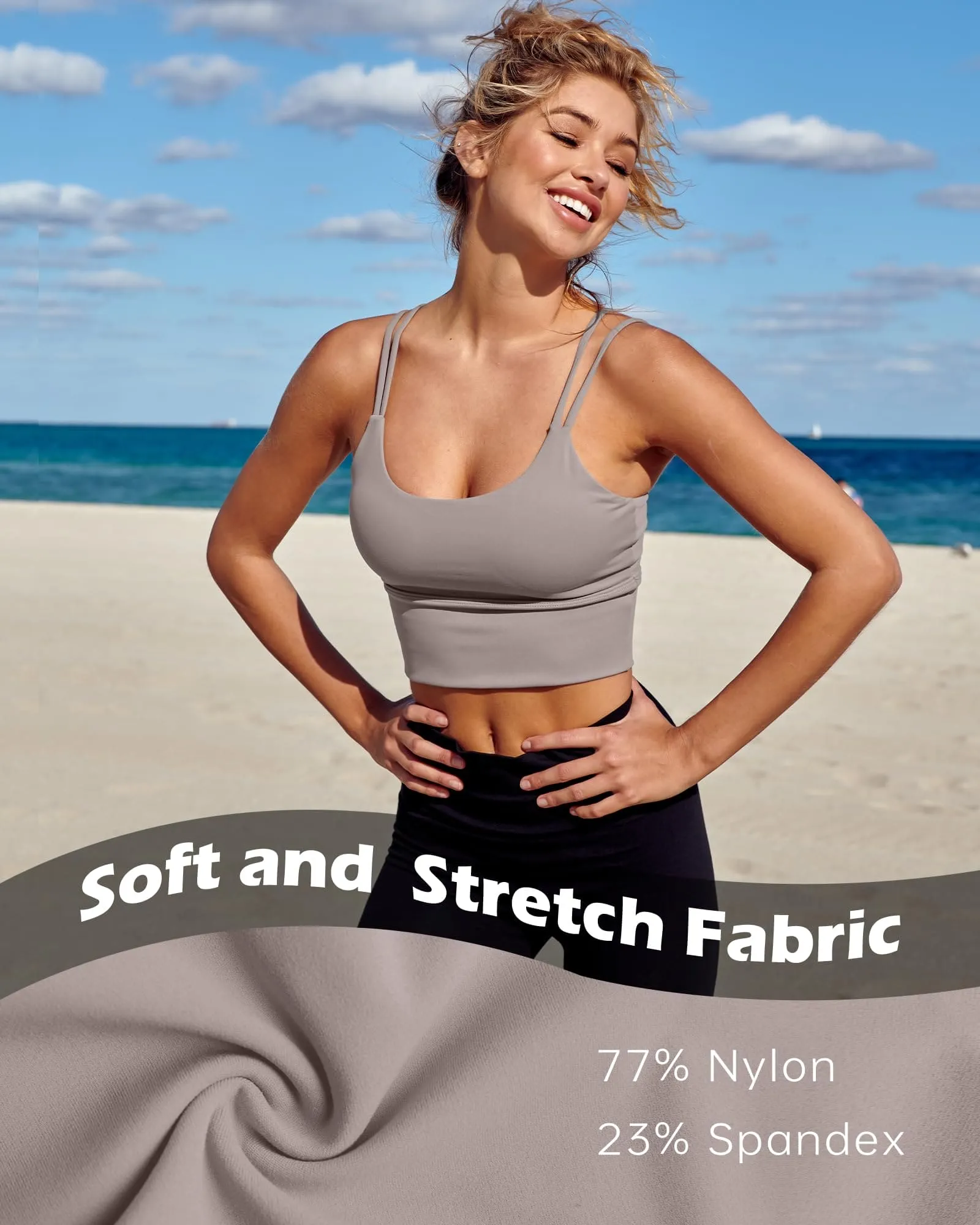 Everrysea Longline Sports Bra for Women Padded Workout Tank Tops Built in Bras Strappy Yoga Corp Top Camisole Light Brown