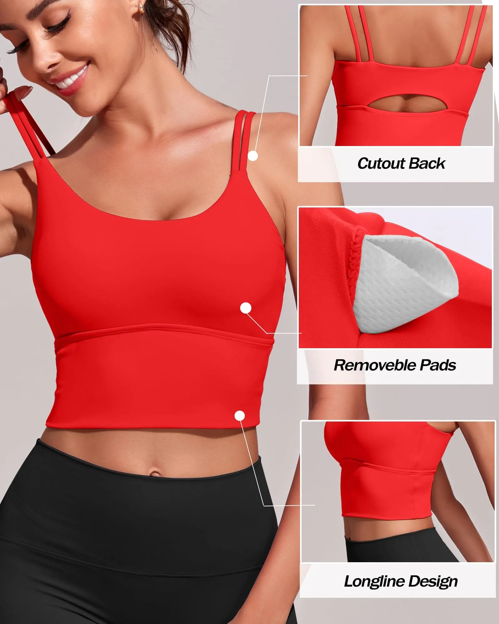 Everrysea Longline Sports Bra for Women Padded Workout Tank Tops Built in Bras Strappy Yoga Corp Top Camisole