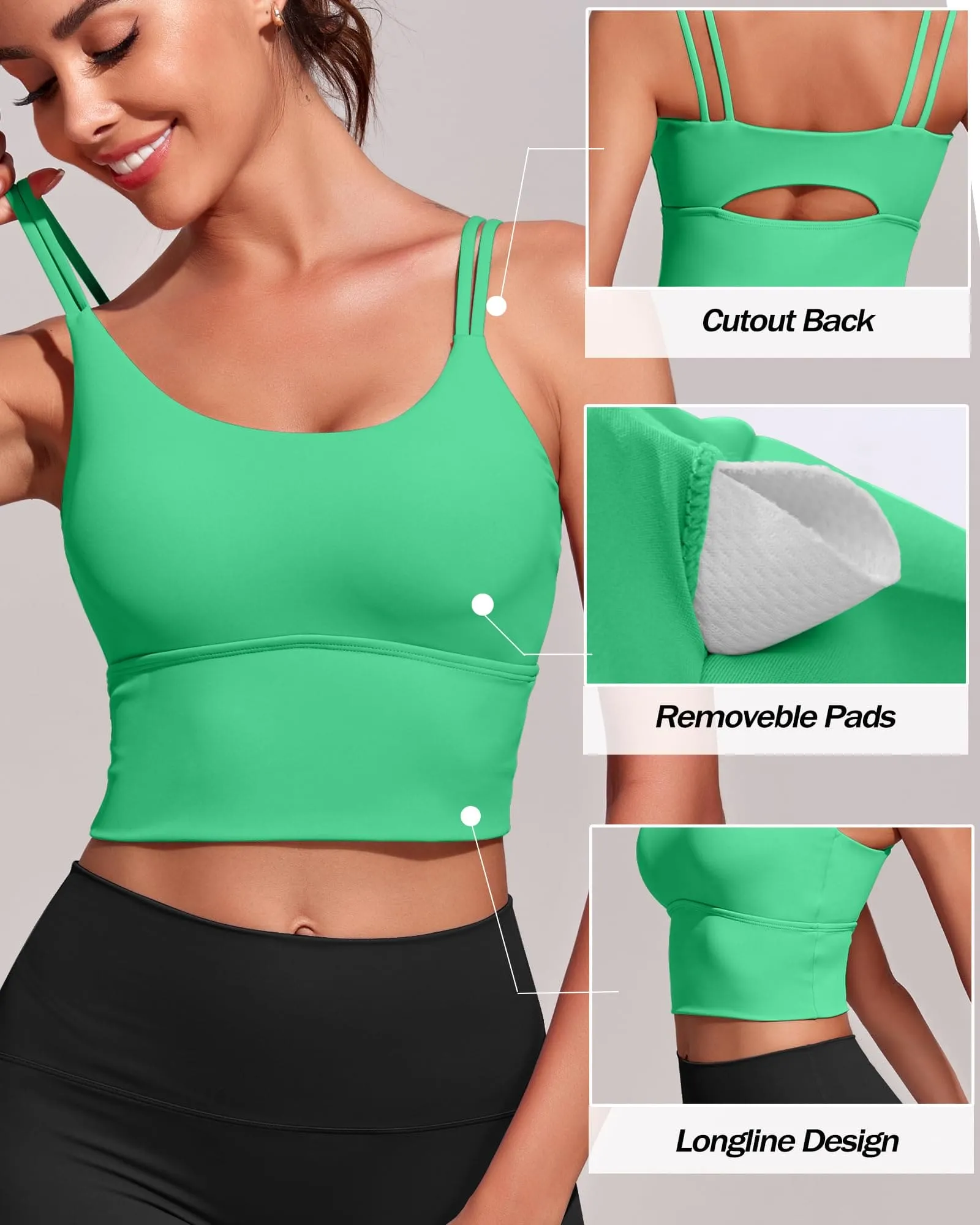 Everrysea Longline Sports Bra for Women Padded Workout Tank Tops Built in Bras Strappy Yoga Corp Top Camisole