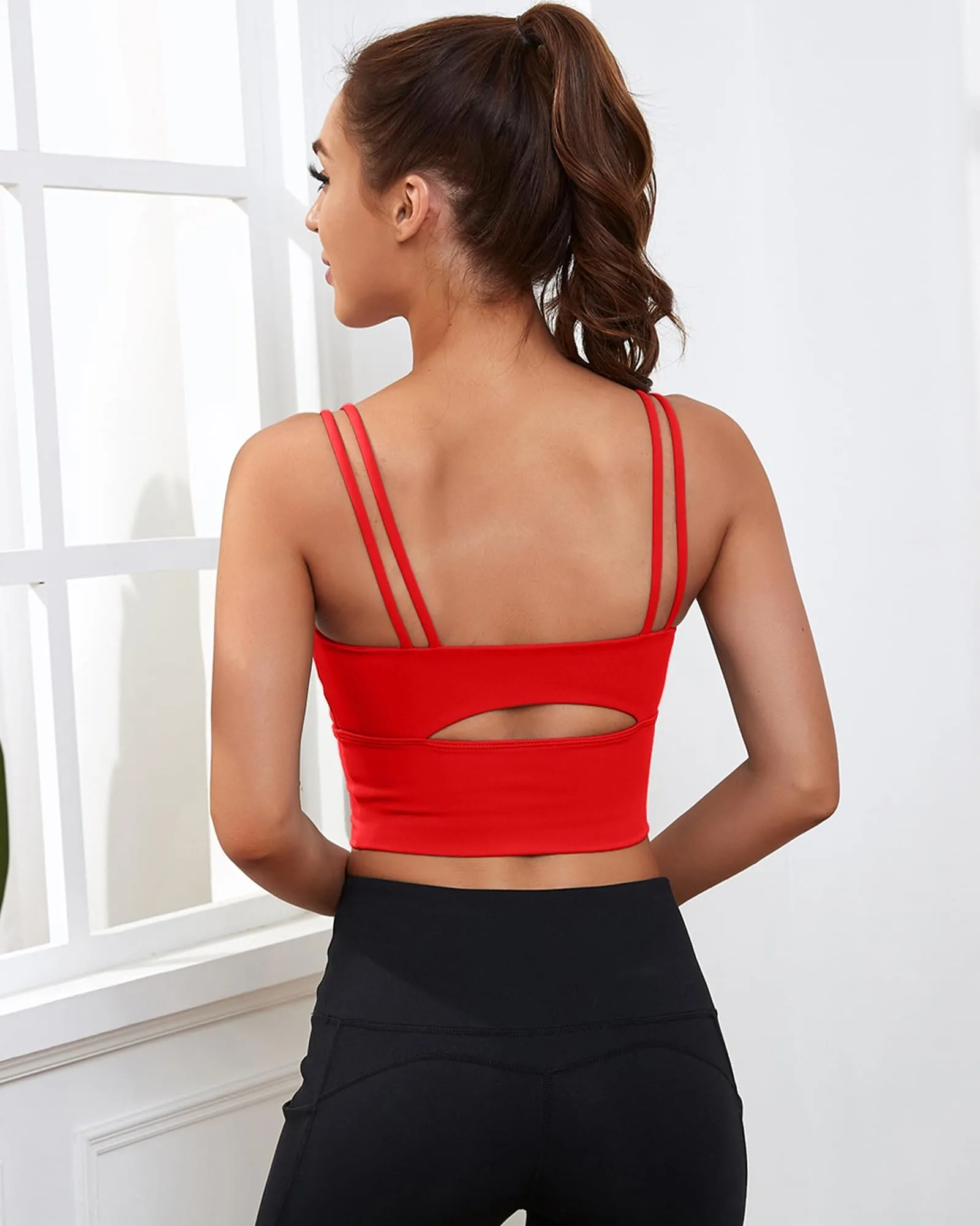 Everrysea Longline Sports Bra for Women Padded Workout Tank Tops Built in Bras Strappy Yoga Corp Top Camisole