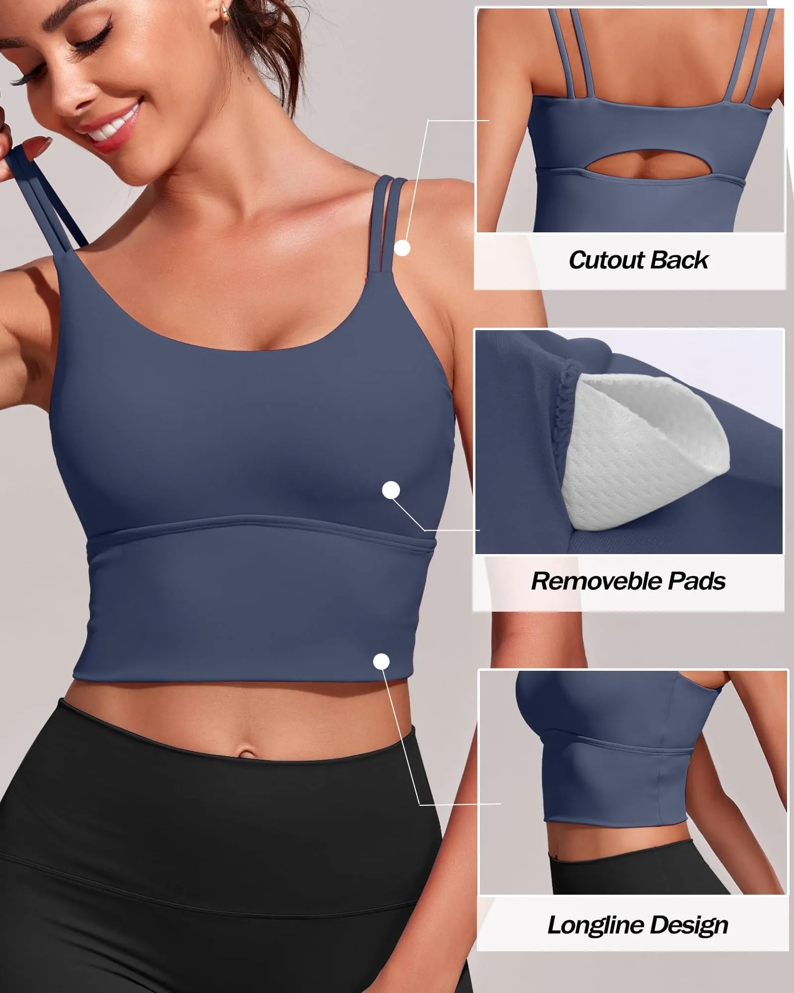Everrysea Longline Sports Bra for Women Padded Workout Tank Tops Built in Bras Strappy Yoga Corp Top Camisole