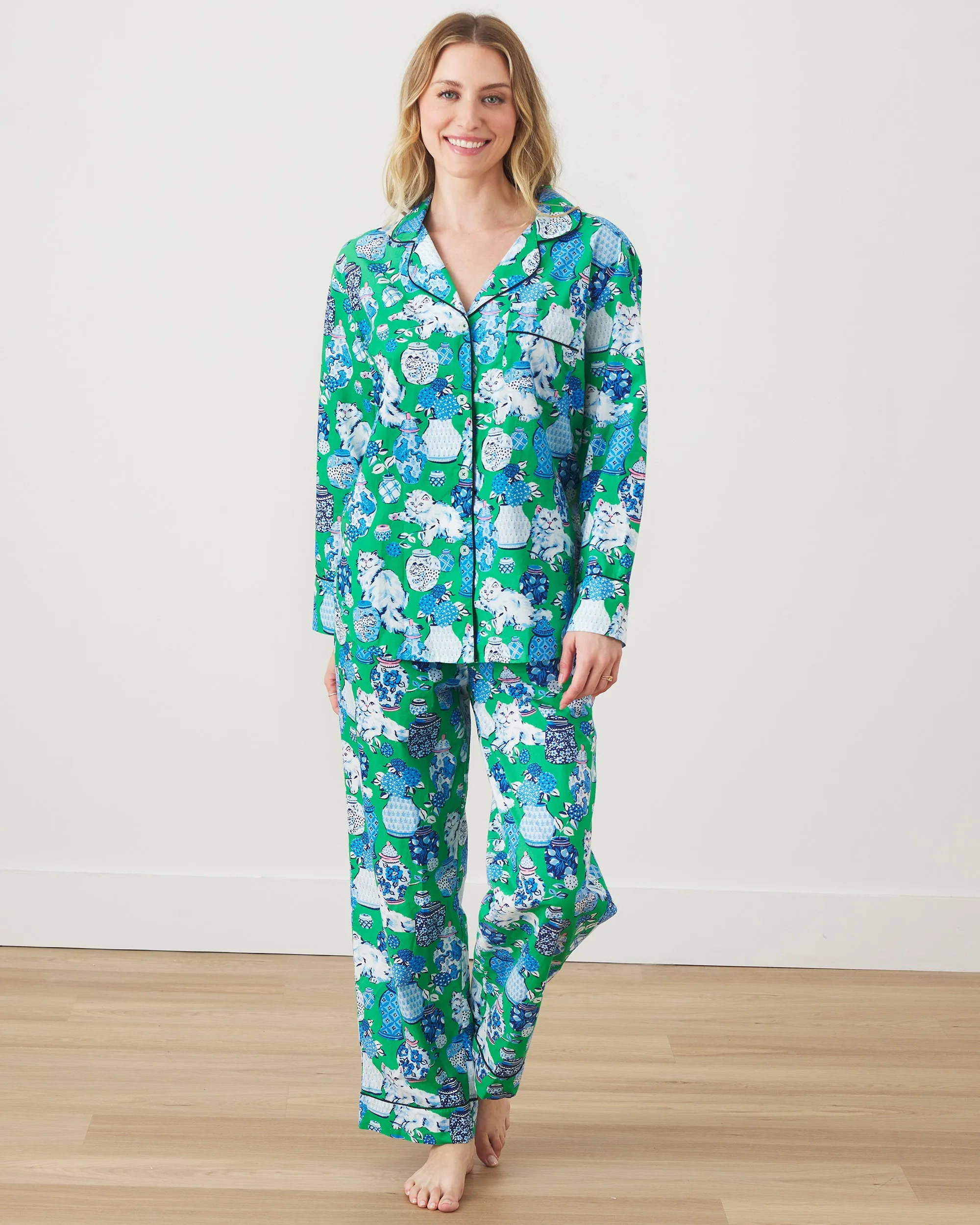 Fancy Cat - Long PJ Set - Green Juice