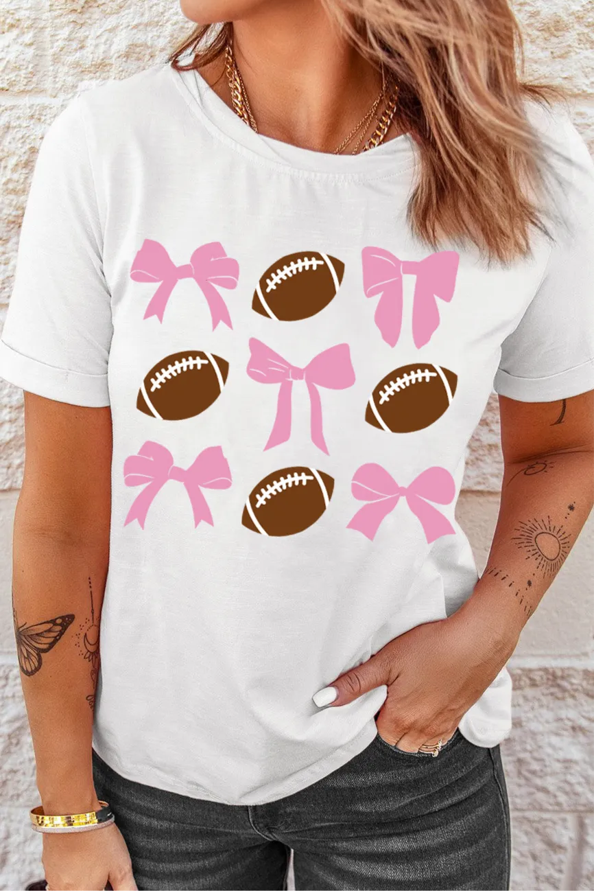 Football & Bow Round Neck Short Sleeve T-Shirt