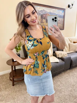 Gold Smocked Babydoll Top In Teal Florals