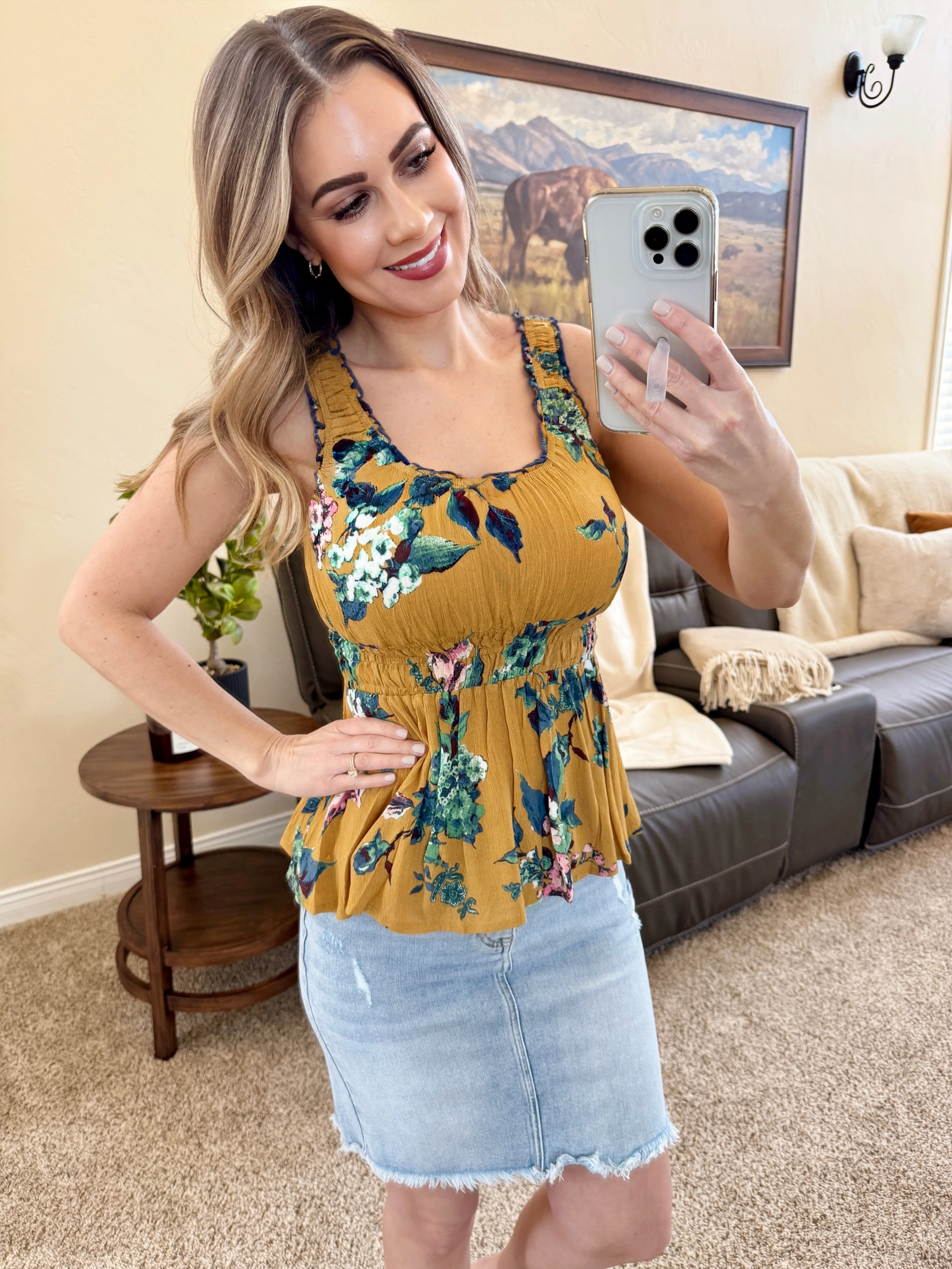Gold Smocked Babydoll Top In Teal Florals