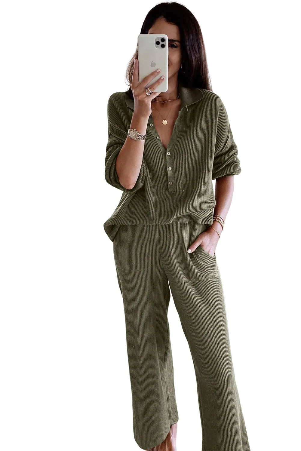Green Brown Ribbed Knit Collared Henley Top and Pants Lounge Outfit