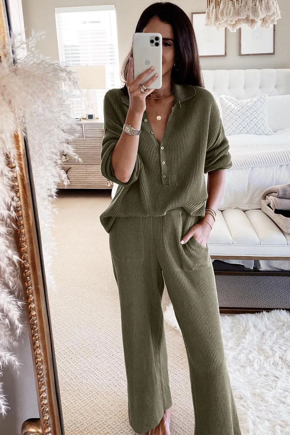 Green Brown Ribbed Knit Collared Henley Top and Pants Lounge Outfit