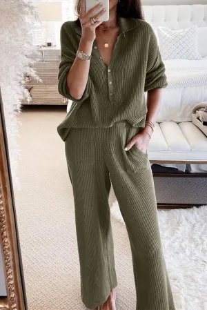 Green Brown Ribbed Knit Collared Henley Top and Pants Lounge Outfit