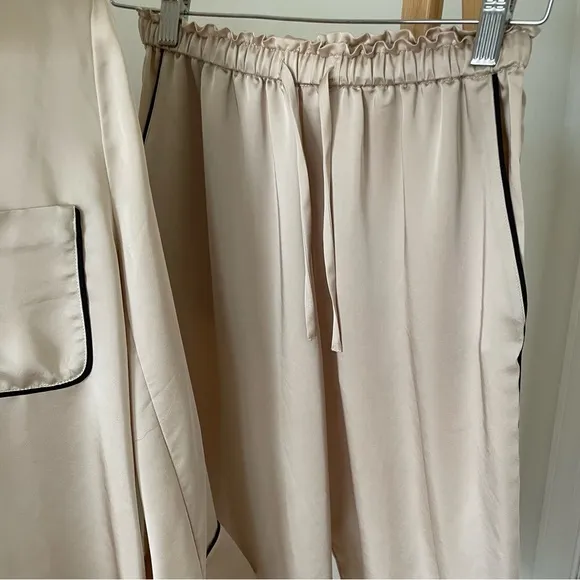H&amp;M Silky Classic Pajama Loungewear Set in Beige with Black Piping - XS