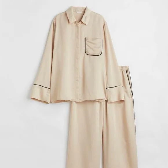 H&amp;M Silky Classic Pajama Loungewear Set in Beige with Black Piping - XS