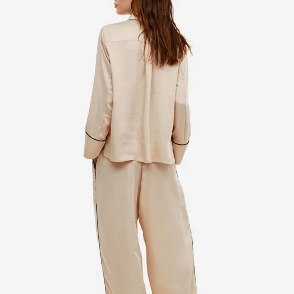 H&amp;M Silky Classic Pajama Loungewear Set in Beige with Black Piping - XS
