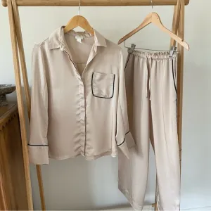 H&amp;M Silky Classic Pajama Loungewear Set in Beige with Black Piping - XS
