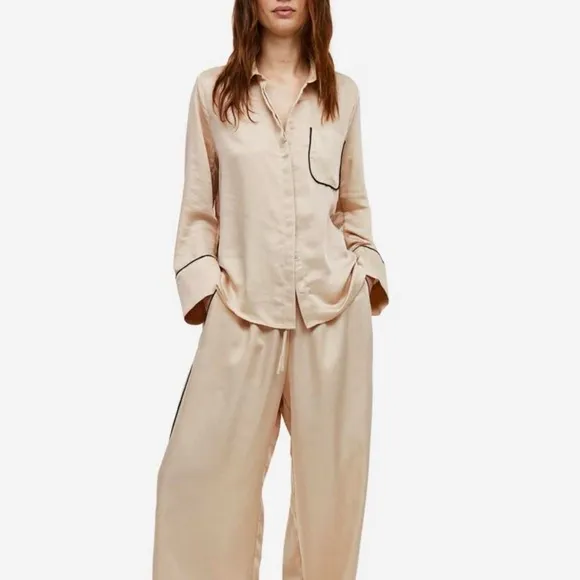H&amp;M Silky Classic Pajama Loungewear Set in Beige with Black Piping - XS