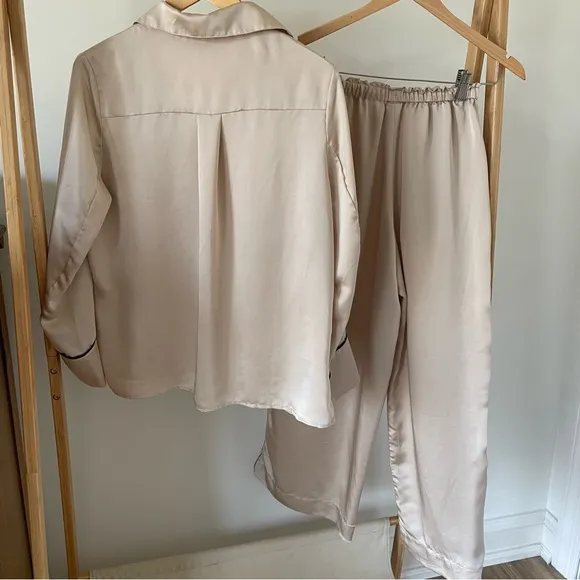 H&amp;M Silky Classic Pajama Loungewear Set in Beige with Black Piping - XS