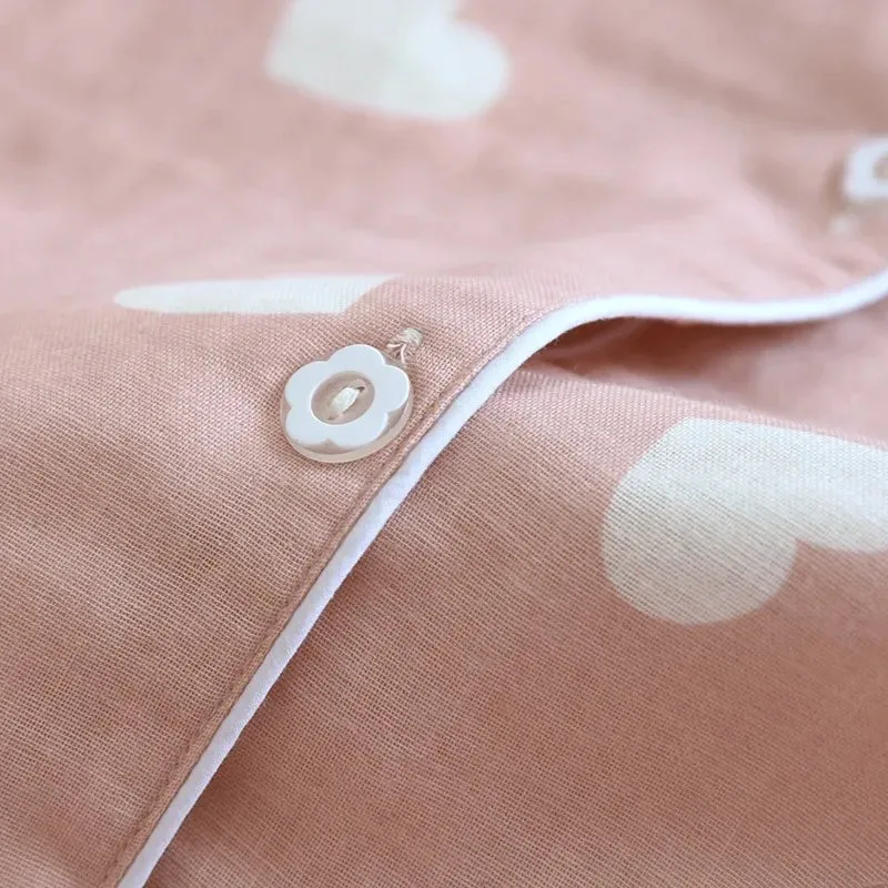 Heart-Print Long-Sleeve Pajama Set 100% Cotton