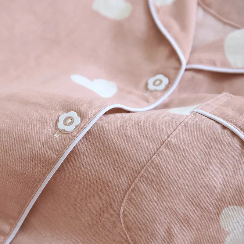 Heart-Print Long-Sleeve Pajama Set 100% Cotton