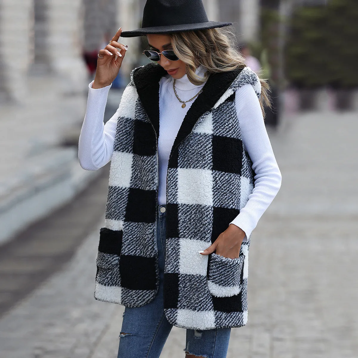 Hooded Sleeveless Plaid Plush Baggy Coat