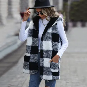 Hooded Sleeveless Plaid Plush Baggy Coat