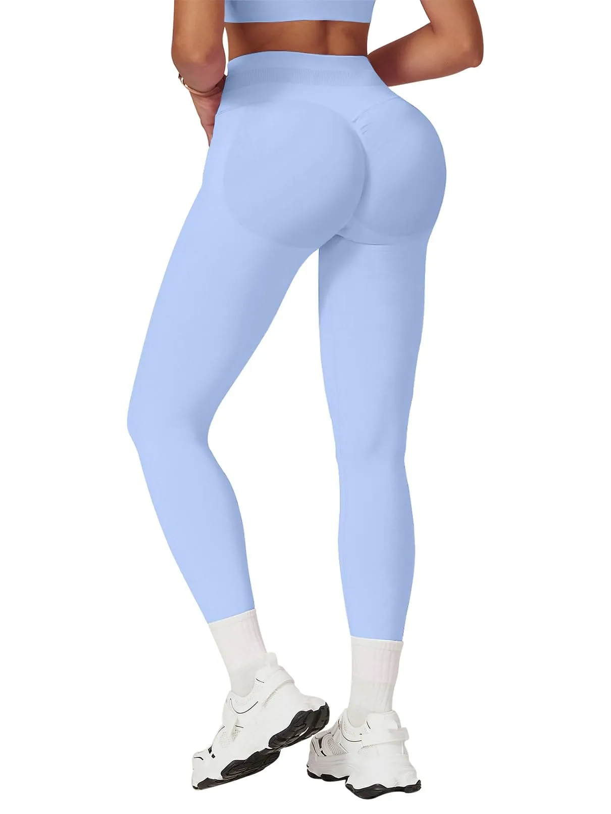 Impact Leggings for Women Seamless Workout Yoga Pants Hidden Scrunch Butt Tummy Control Gym Leggings Mid Low Waist 25" Ice Blue
