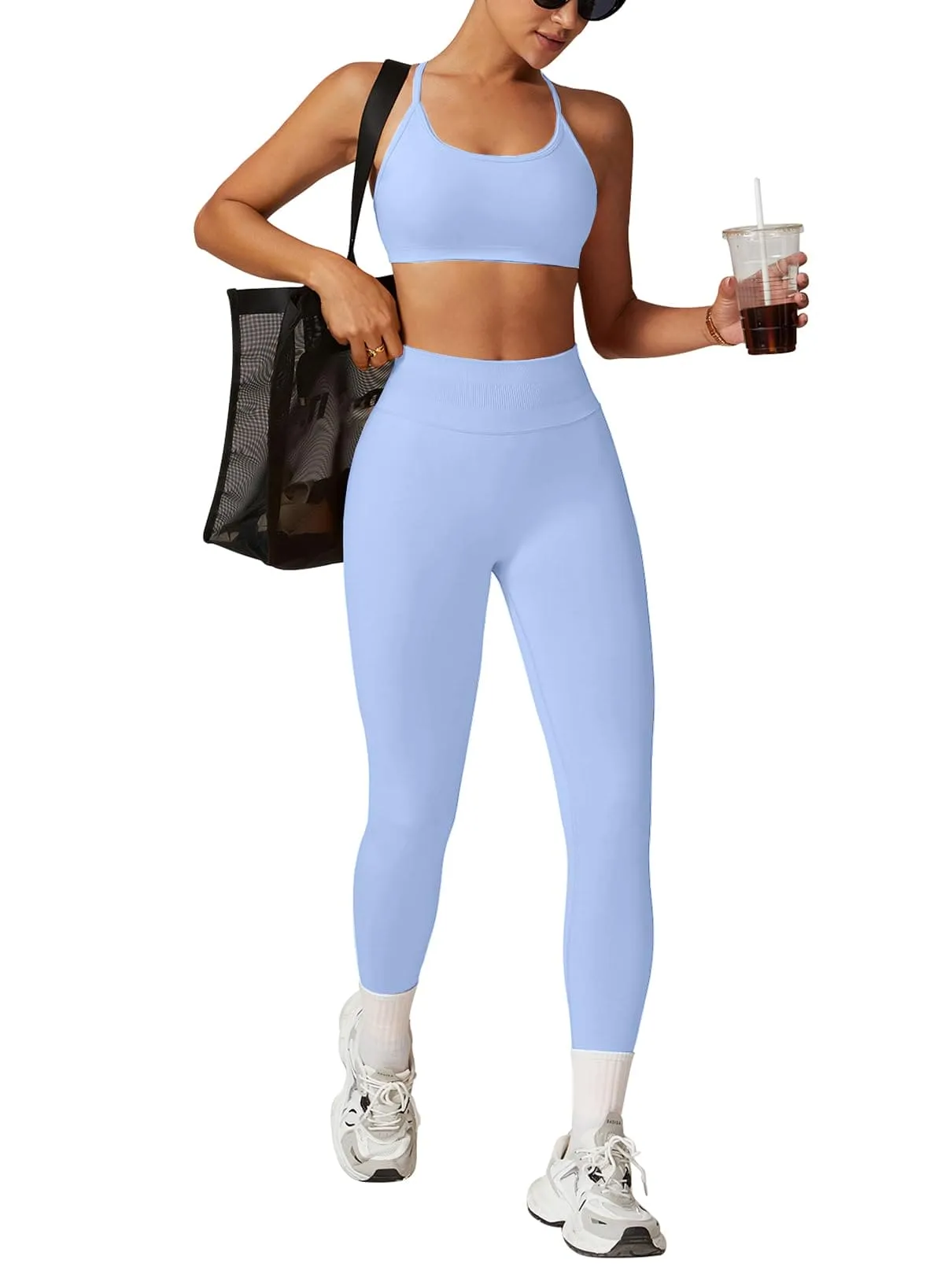 Impact Leggings for Women Seamless Workout Yoga Pants Hidden Scrunch Butt Tummy Control Gym Leggings Mid Low Waist 25" Ice Blue