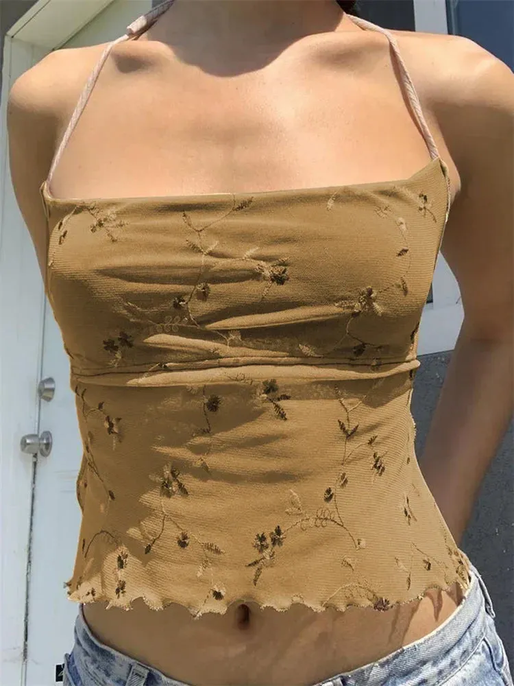 JazzHer 2024 Sleeveless Halter Lace-up Camis for Women Square Neck Floral Backless Tank Irregular Hem Mini Vest  Crop Tops