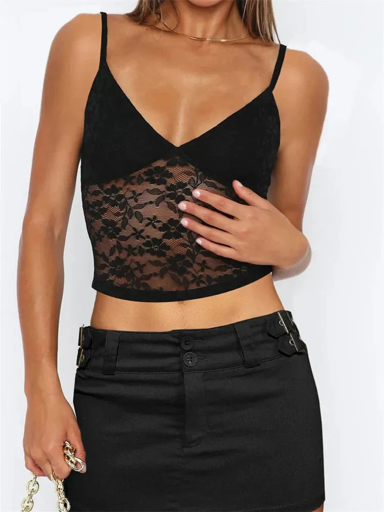 JazzHer 2024 Sleeveless Strap Camis V Neck Summer Lace Mesh See Through Tank Slim Fit Mini Vest Streetwear  New Crop Tops