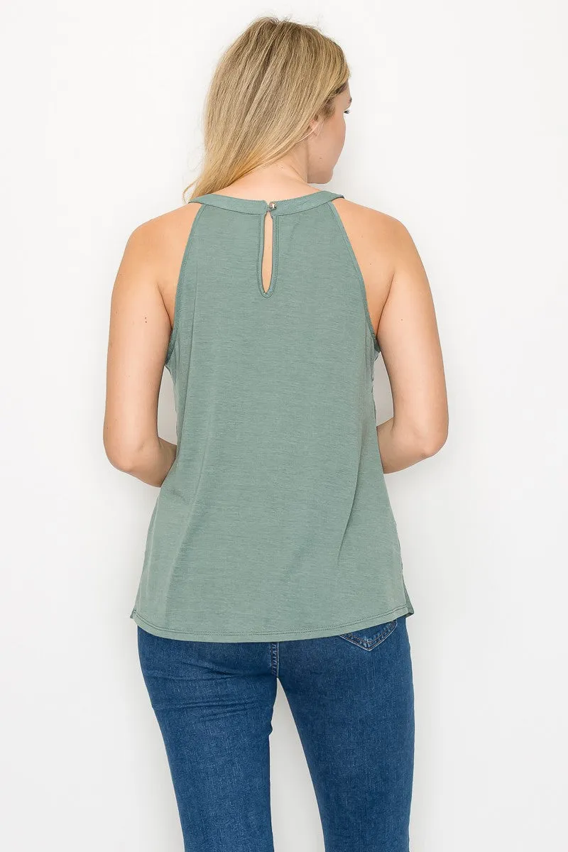 Keyhole Cleo Neck Crochet Trim Sleeveless Top