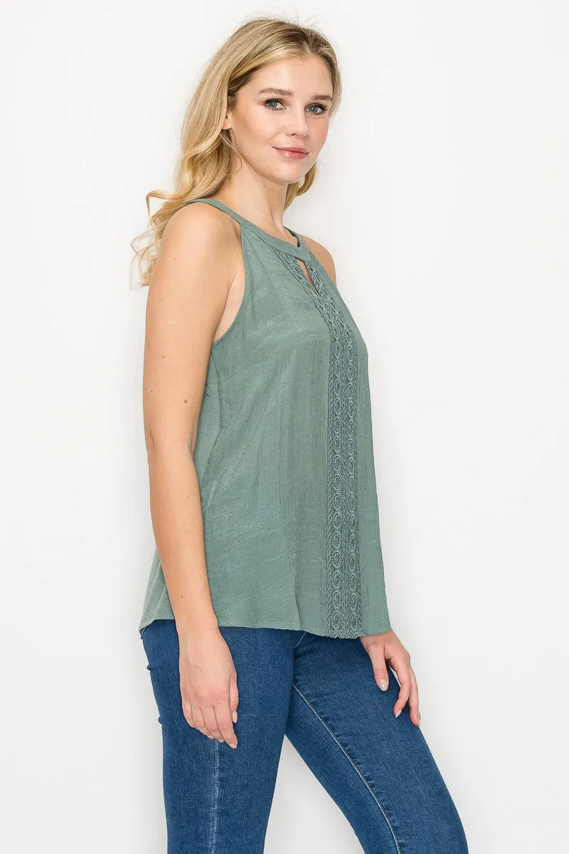 Keyhole Cleo Neck Crochet Trim Sleeveless Top