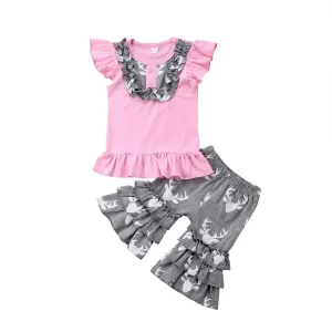 Kids Girl Pink Tops Deer Ruffle Pants
