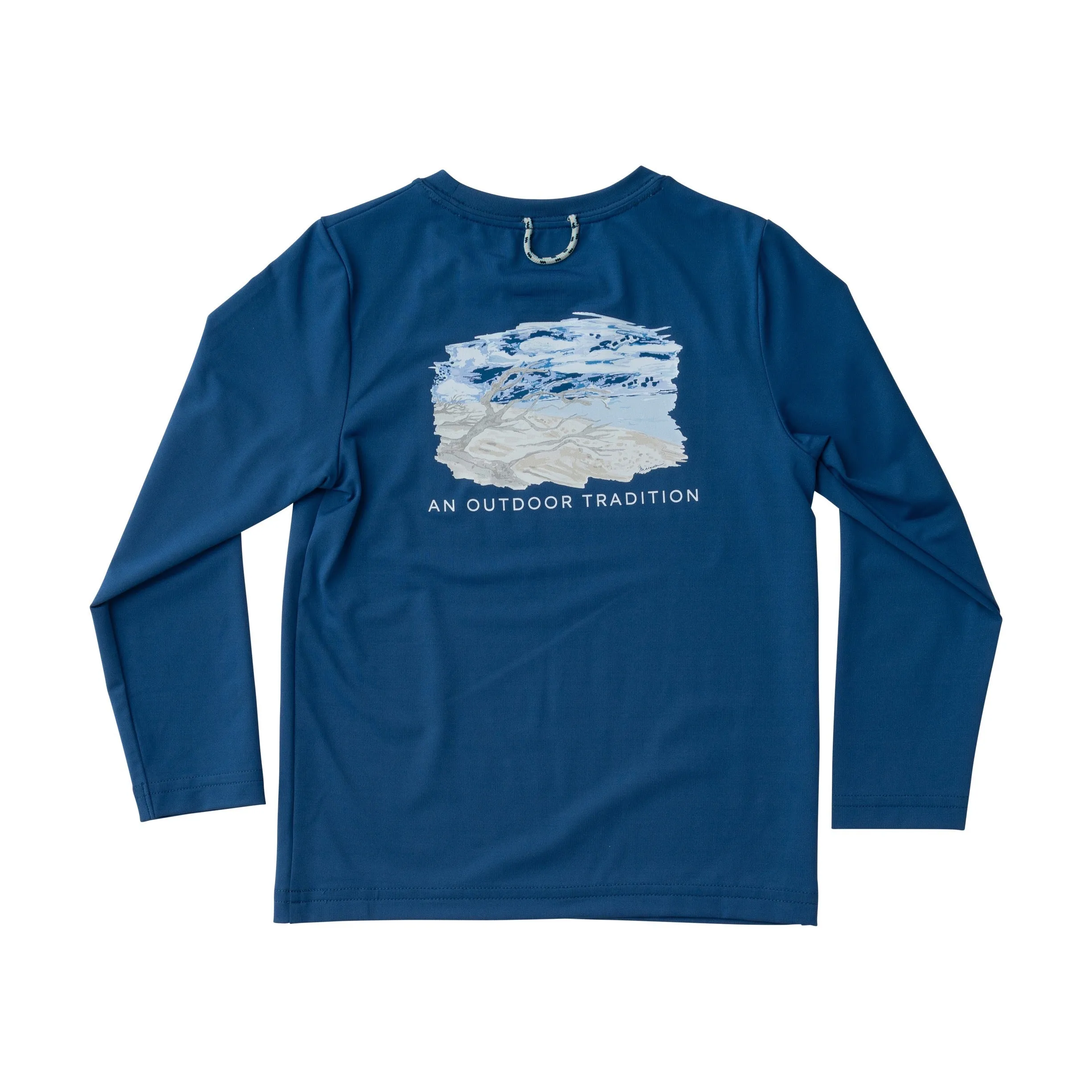 Kids Pro Performance Long Sleeve Fishing T-shirt in Set Sail Navy Beach Driftwood
