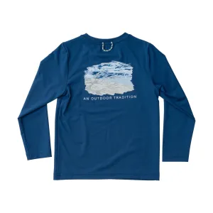 Kids Pro Performance Long Sleeve Fishing T-shirt in Set Sail Navy Beach Driftwood