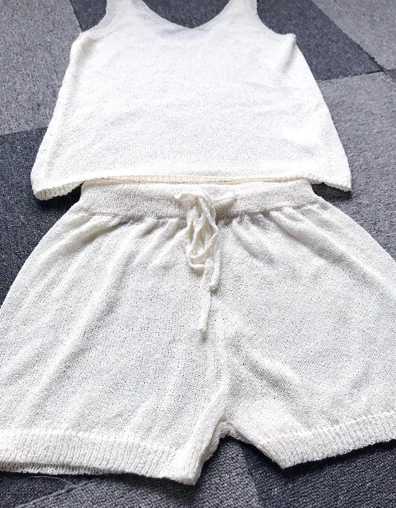 Knitting Hollowed-out Lace-up Shorts Backless Vest Two-piece Set