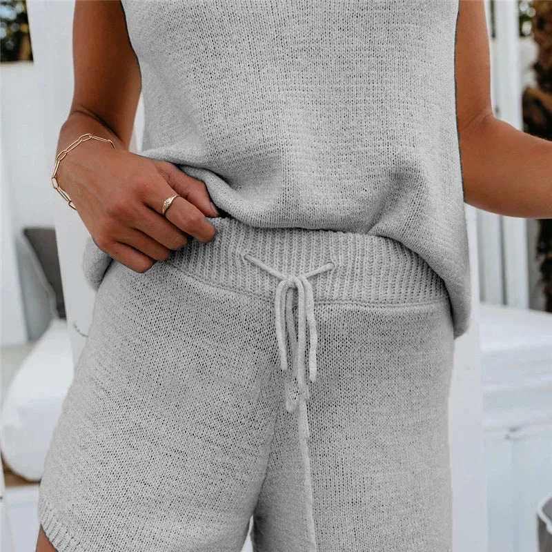 Knitting Hollowed-out Lace-up Shorts Backless Vest Two-piece Set