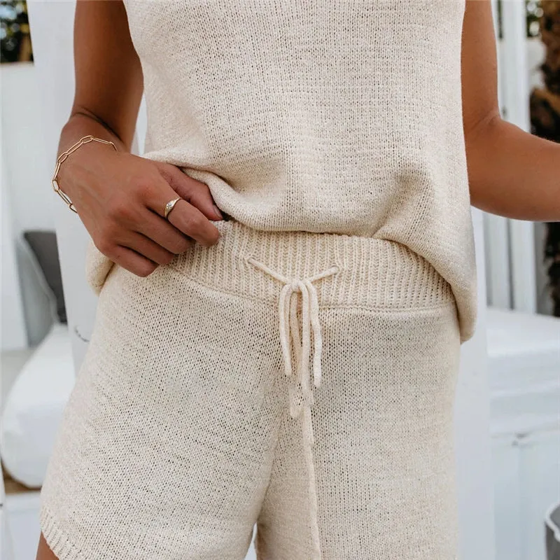 Knitting Hollowed-out Lace-up Shorts Backless Vest Two-piece Set