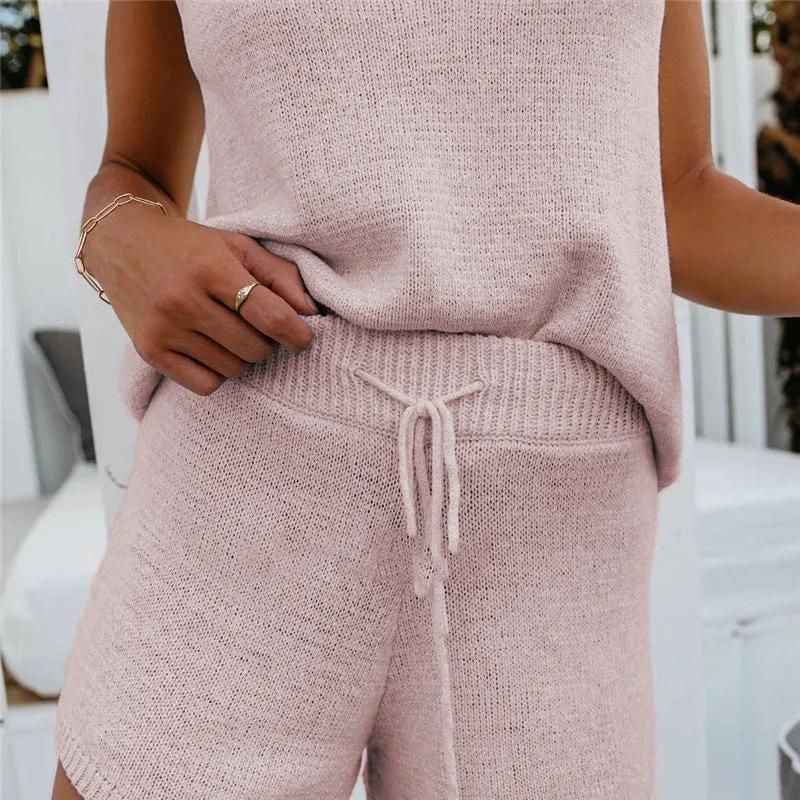 Knitting Hollowed-out Lace-up Shorts Backless Vest Two-piece Set