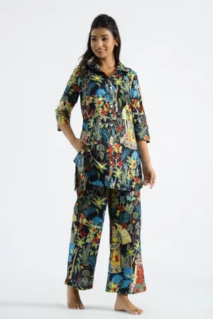 Lady In Jungle Black Collared Cotton Lounge Co-Ord Set with 7 button