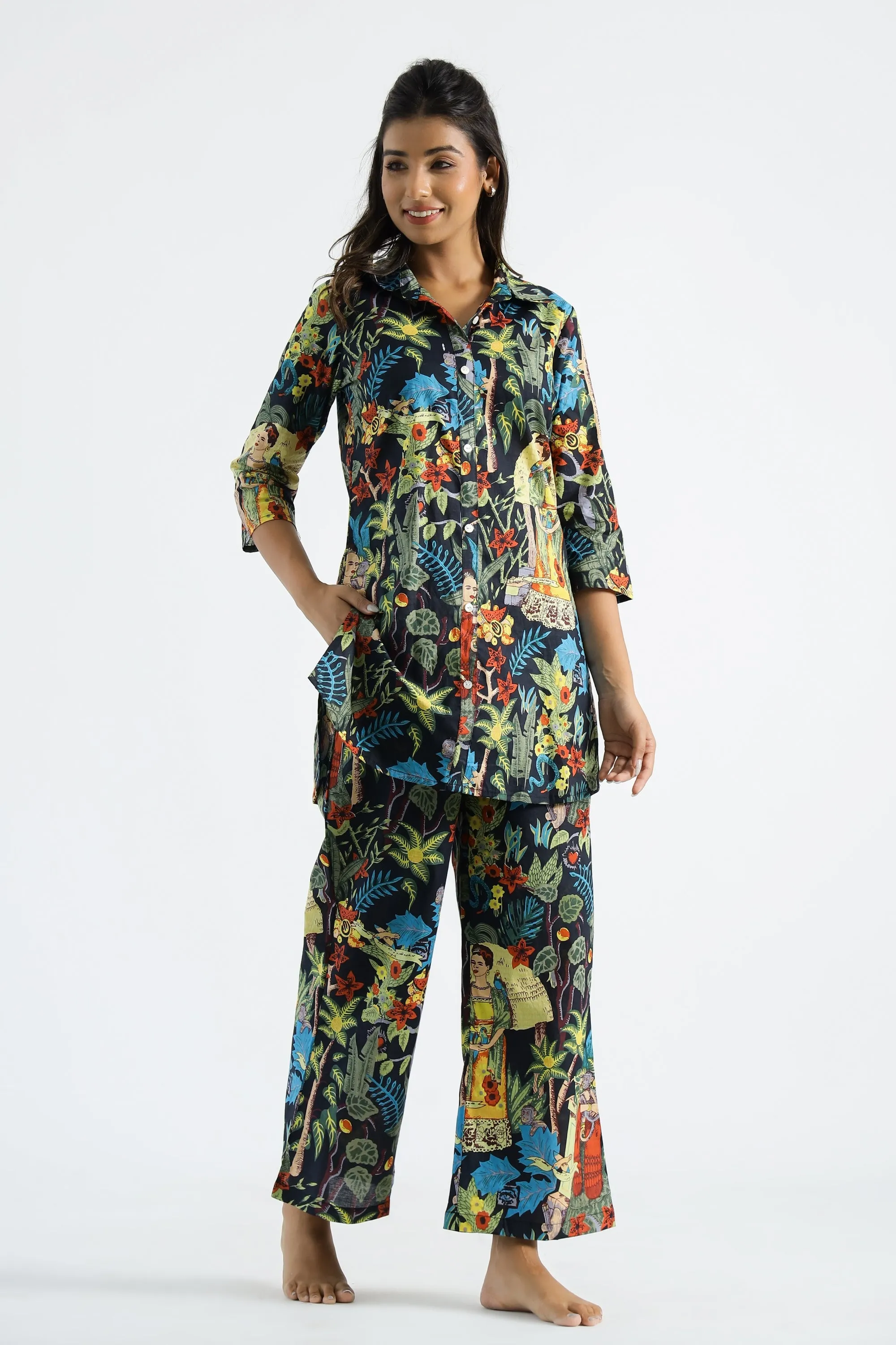 Lady In Jungle Black Collared Cotton Lounge Co-Ord Set with 7 button