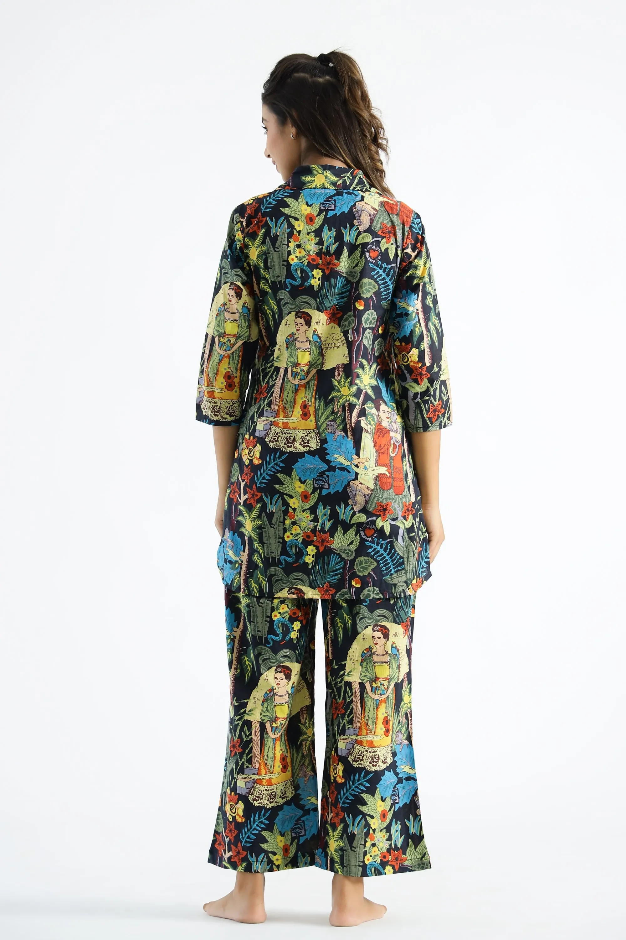 Lady In Jungle Black Collared Cotton Lounge Co-Ord Set with 7 button