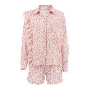 Leopard Long Sleeve Button Down Top and Shorts Set