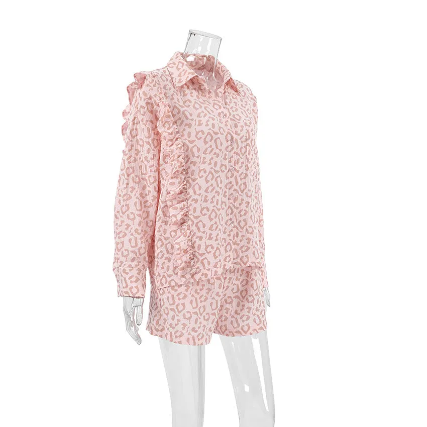 Leopard Long Sleeve Button Down Top and Shorts Set