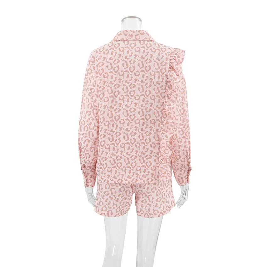 Leopard Long Sleeve Button Down Top and Shorts Set