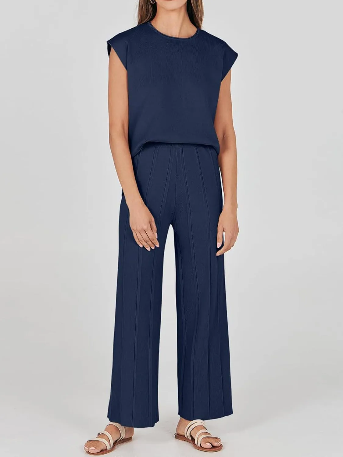 Lorena Round Neck Cap Sleeve Top and Pants Knit Set