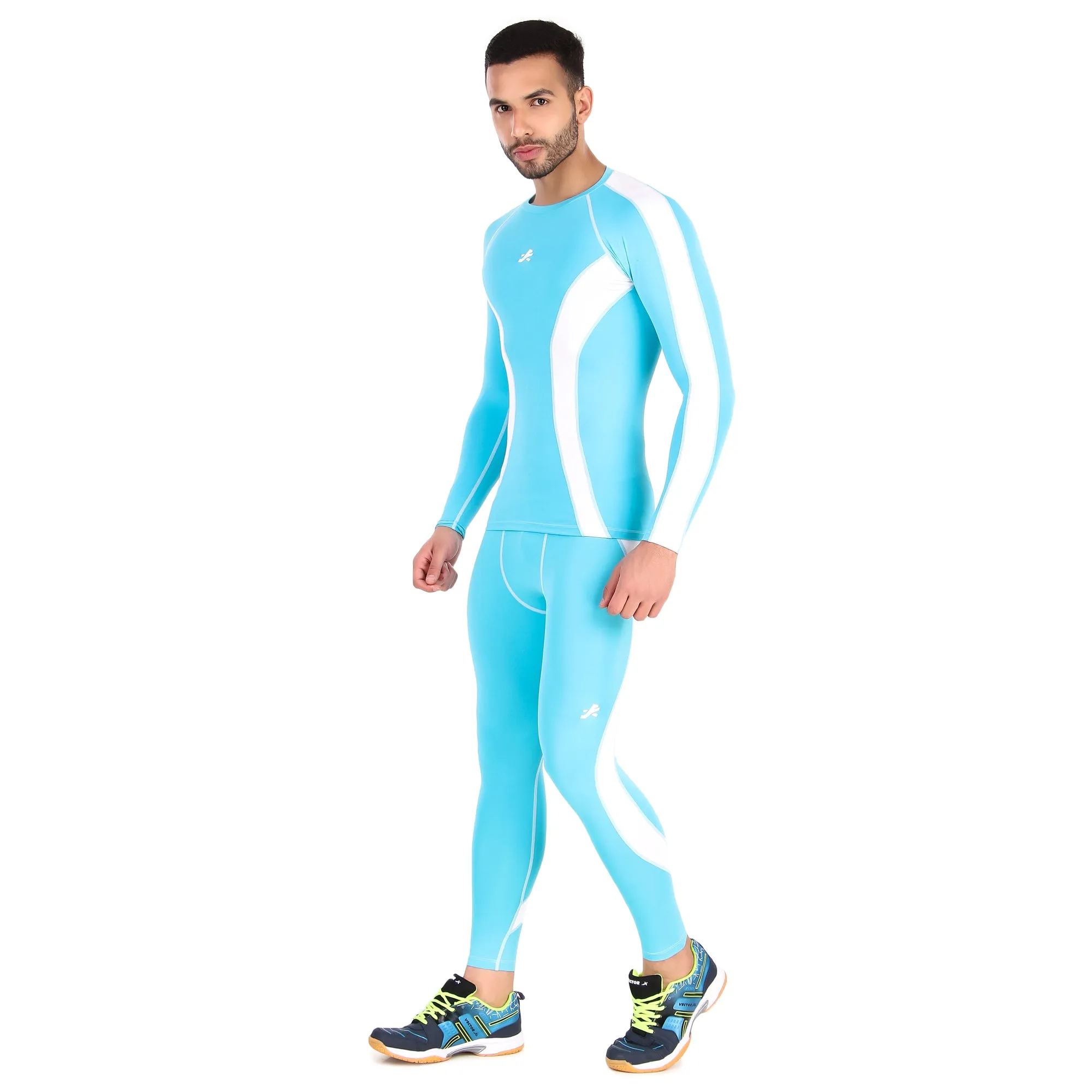 Men's Polyester Compression Tshirt Full Sleeve Tights (Aqua/White)