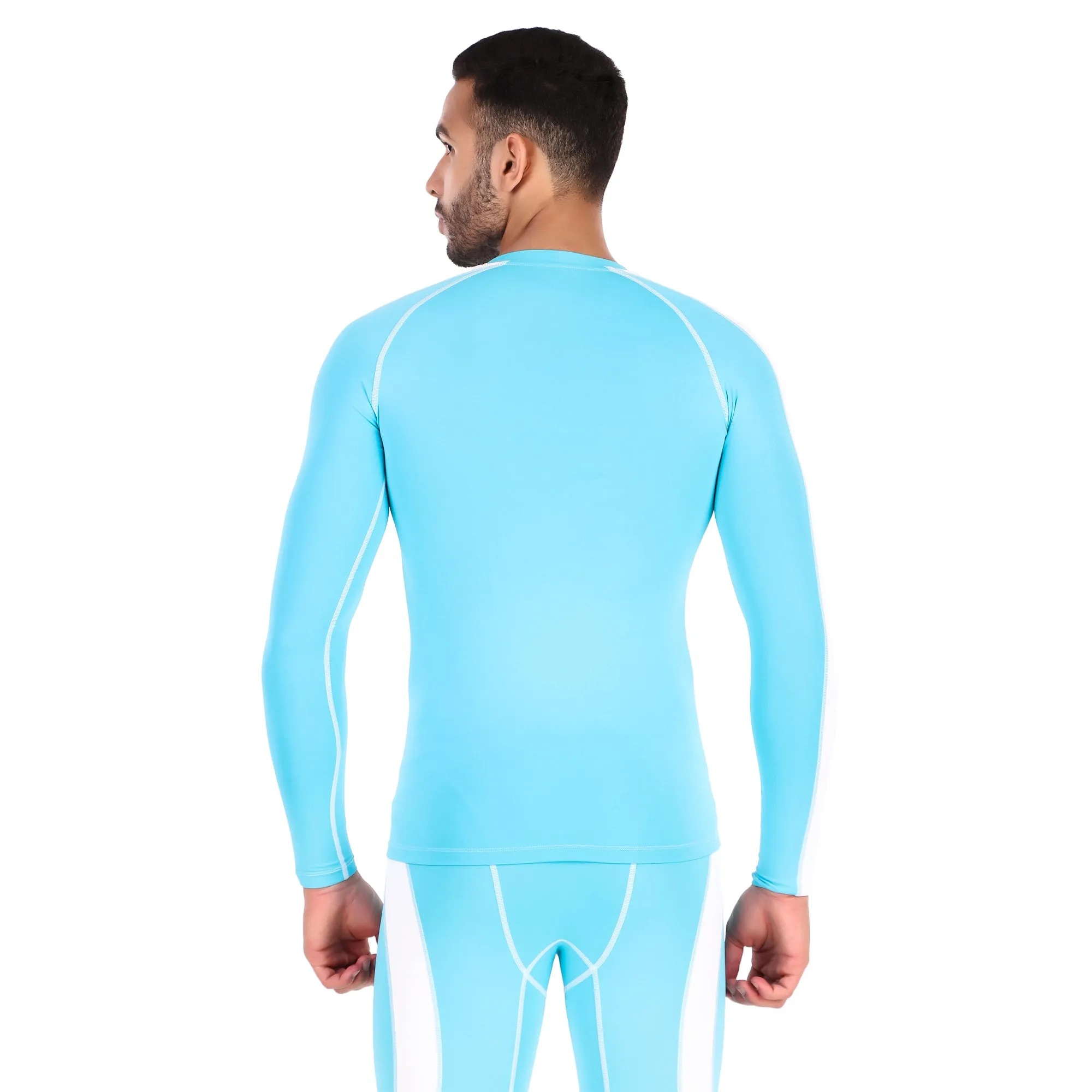 Men's Polyester Compression Tshirt Full Sleeve Tights (Aqua/White)