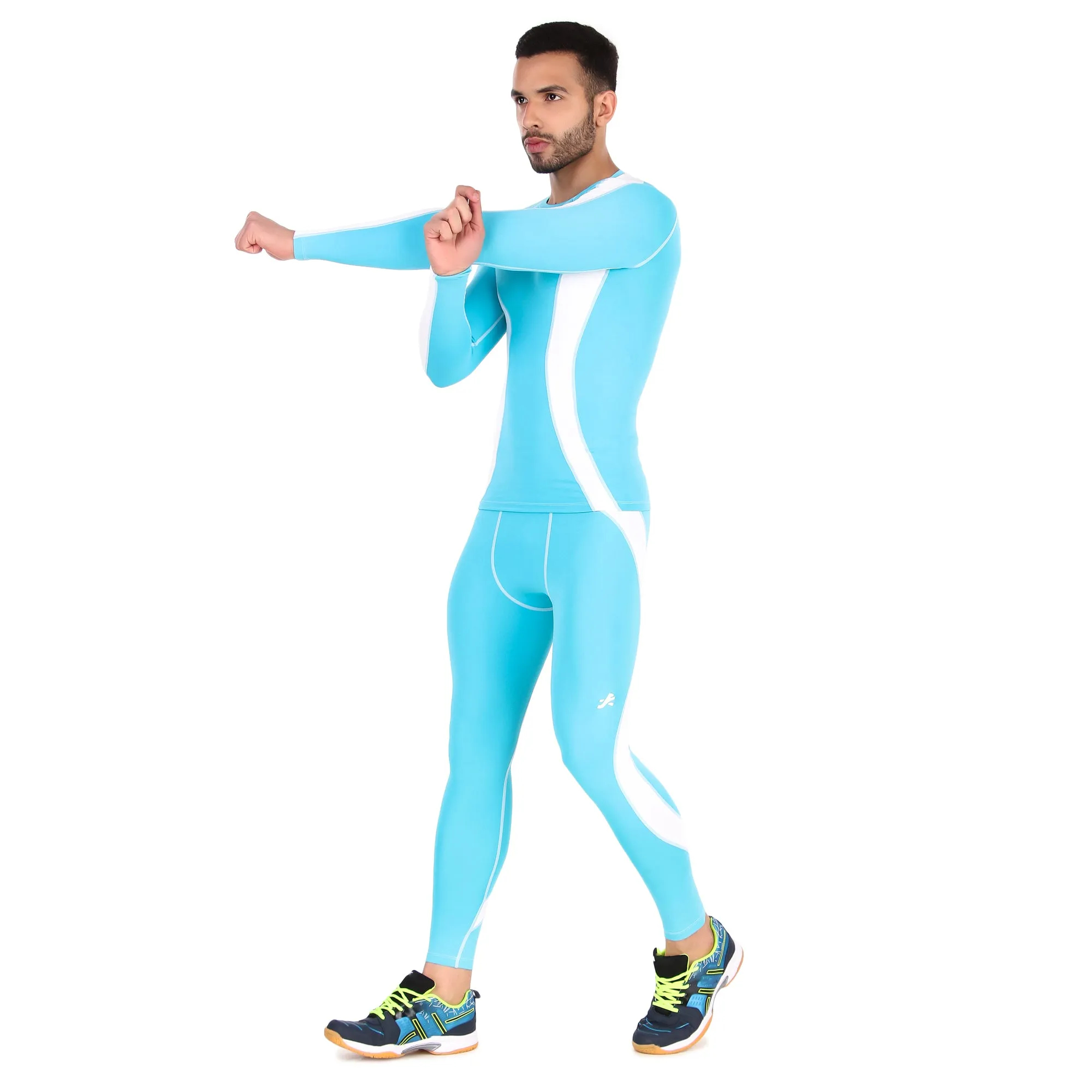 Men's Polyester Compression Tshirt Full Sleeve Tights (Aqua/White)